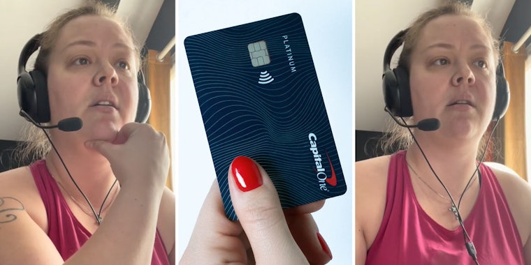 Woman talking(l+r), Hand holding credit card(c)
