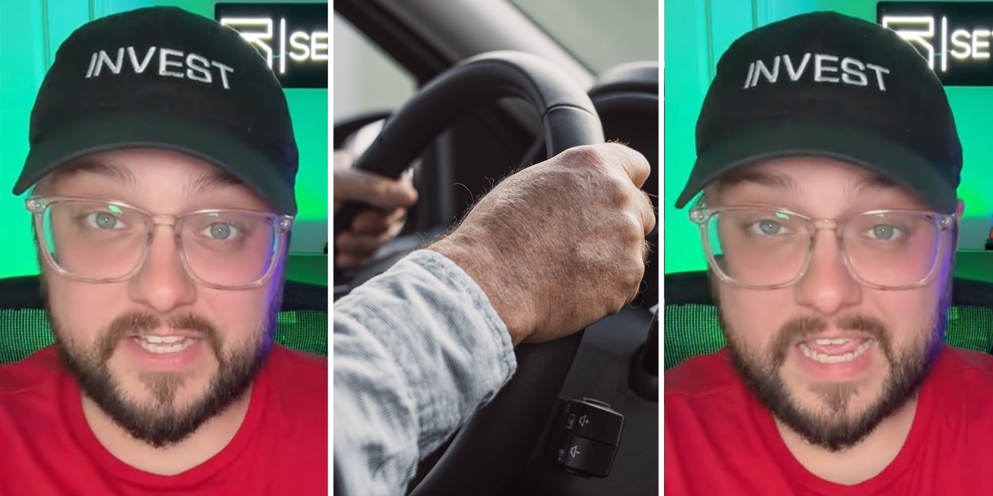 Man talking(l+r), Hands on car wheel(c)