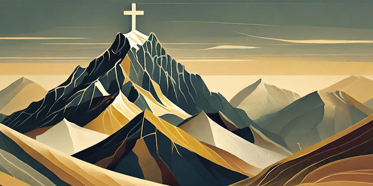 Mountain range with cross on peak