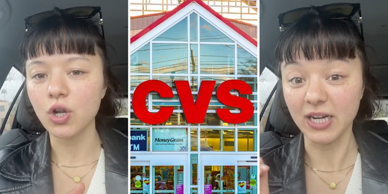 Woman talking(l+r), CVS storefront(c)