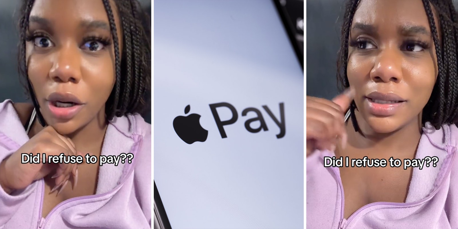 Woman talking(l+r), Apple pay(c)