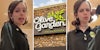 Woman dancing(l+r), olive garden sign(c)