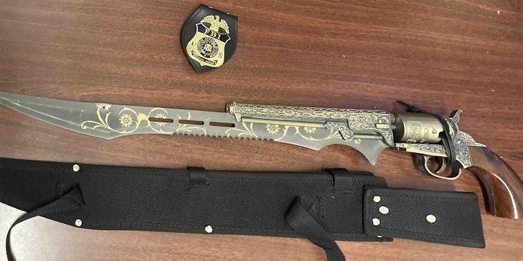 otherworld steampunk gun with sheath and fake FBI badge