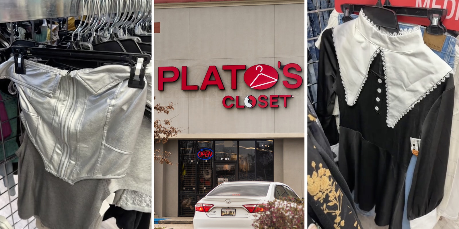 Clothes on racks(l+r), Plato's Closet storefront(c)