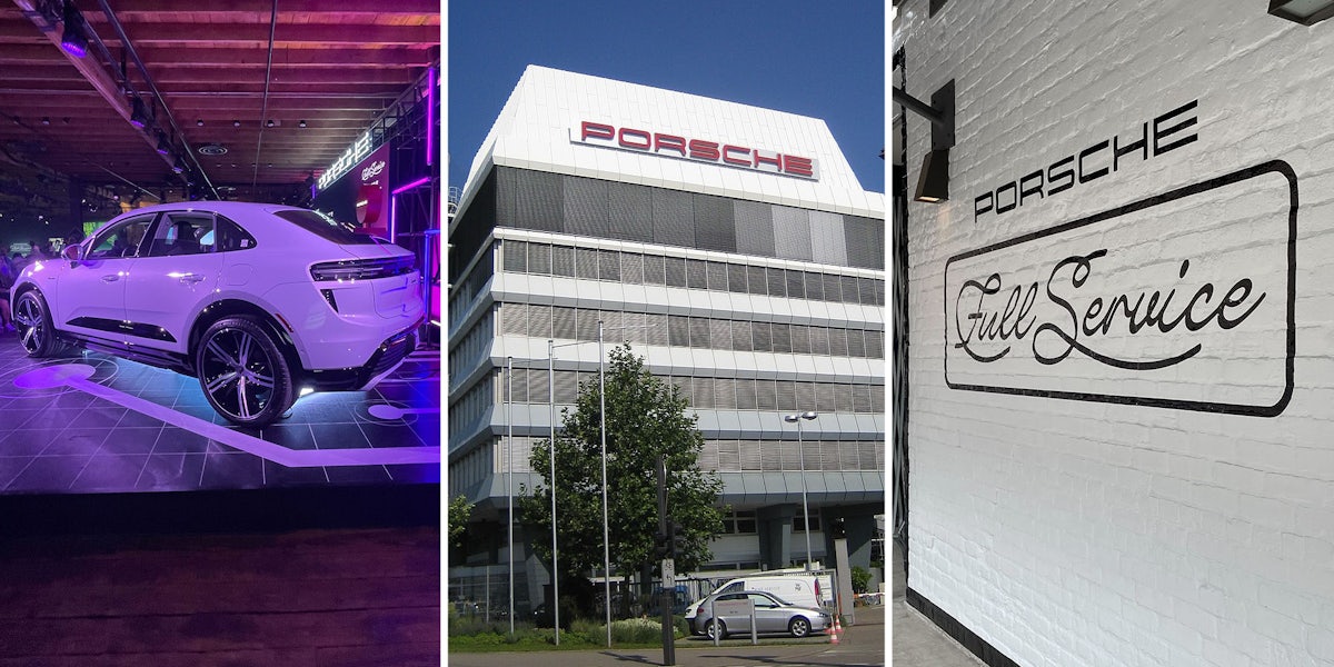 Porsche Electric Car(l), Porsche HQ(c), Porsche service station(r)