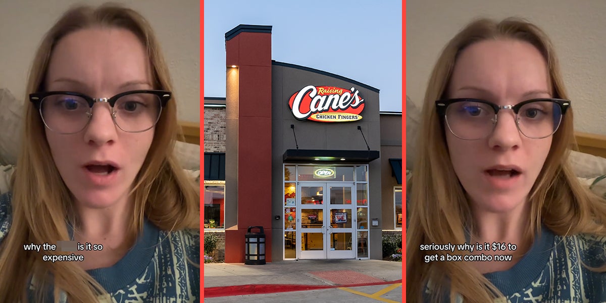 woman speaking with caption 'why the blank is it so expensive' (l) Raising Cane's restaurant (c) woman speaking with caption 'seriously why is it $16 to get a box combo now' (r)