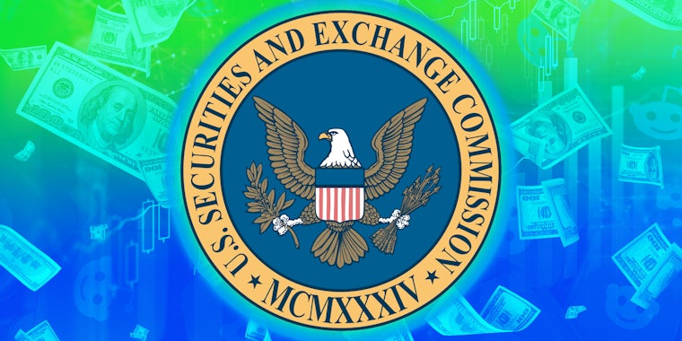 SEC Logo over money, stocks, and reddit logo