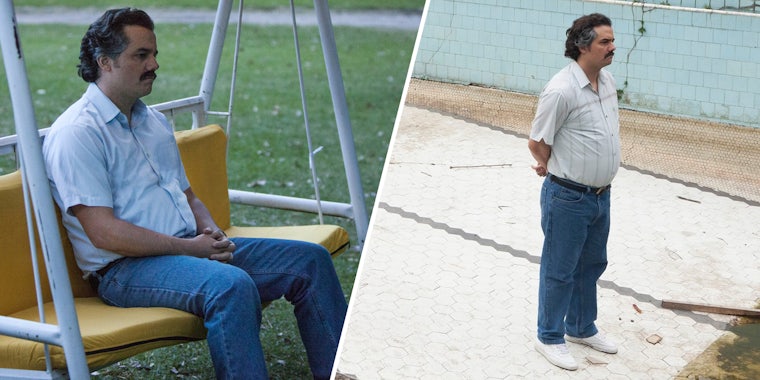 Pablo Escobar meme: Pablo Escobar in Netflix sitting on a bench(l), Pablo Escobar in Netflix standing by a pool