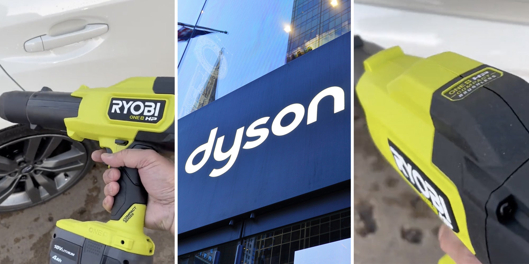 Ryobi blower in action(l+r), Dyson HQ(c)