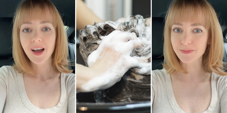 Woman talking(l+r), Hands washing soapy hair(c)