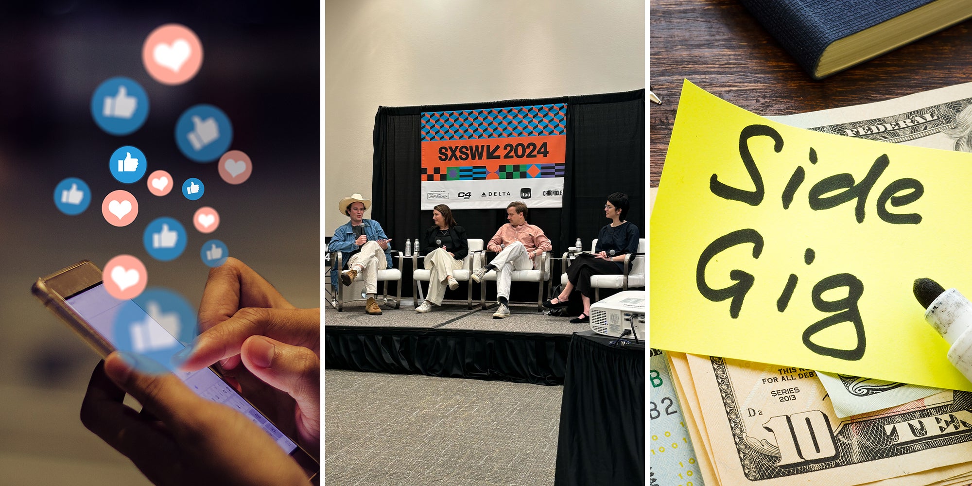 Social Media Emoticons; guest speakers talking at sxsw panel; Side Gig Post it with Money