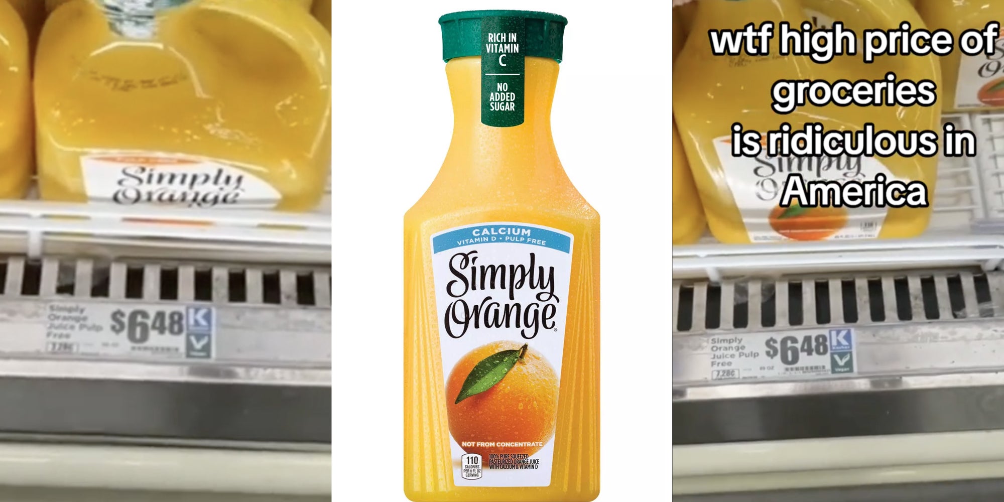 Orange juice in grocery store(l+r), Simply Orange(c)