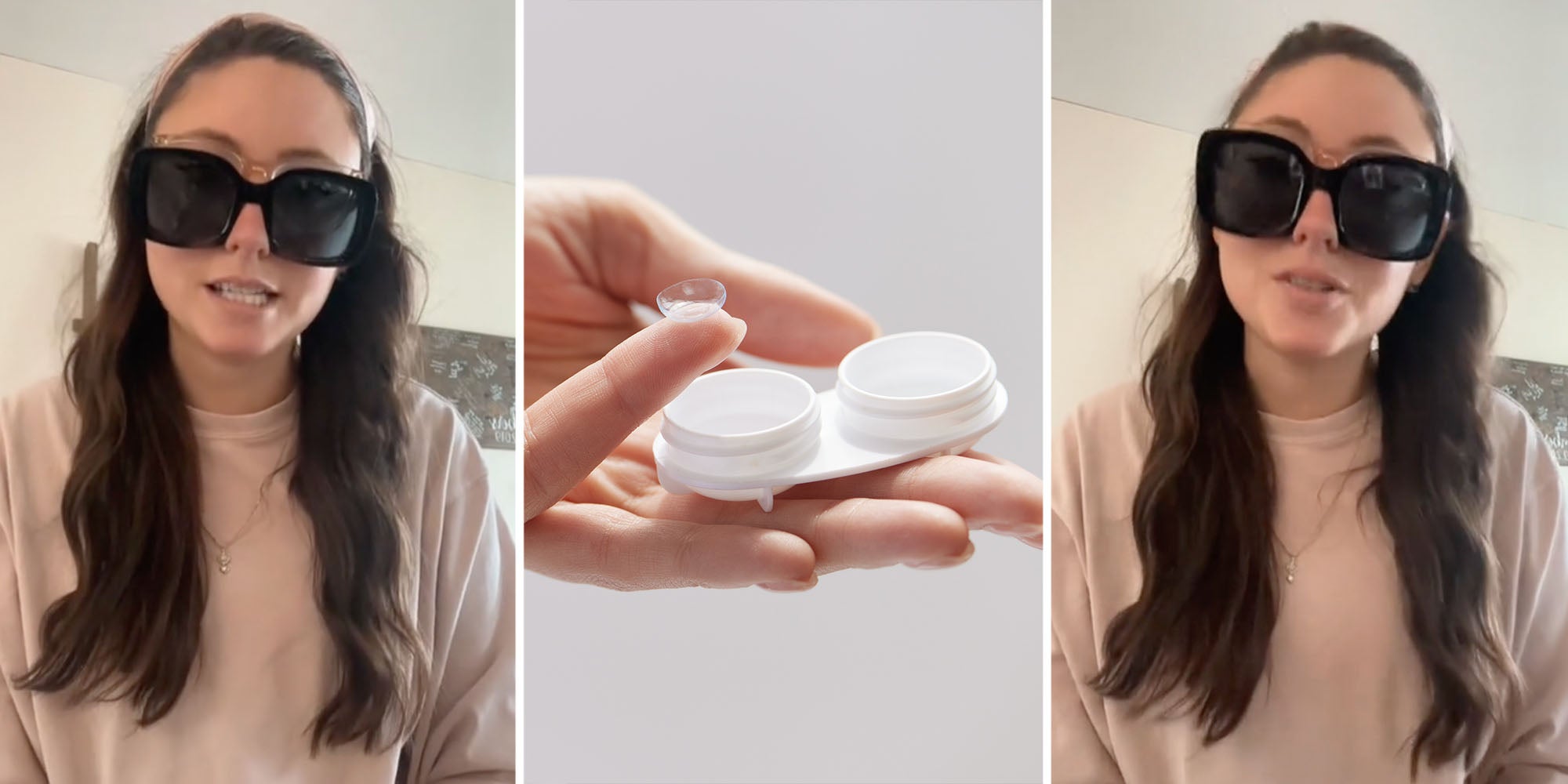 Woman with sunglasses on talking(l+r), Hand holding contact lenses(c)