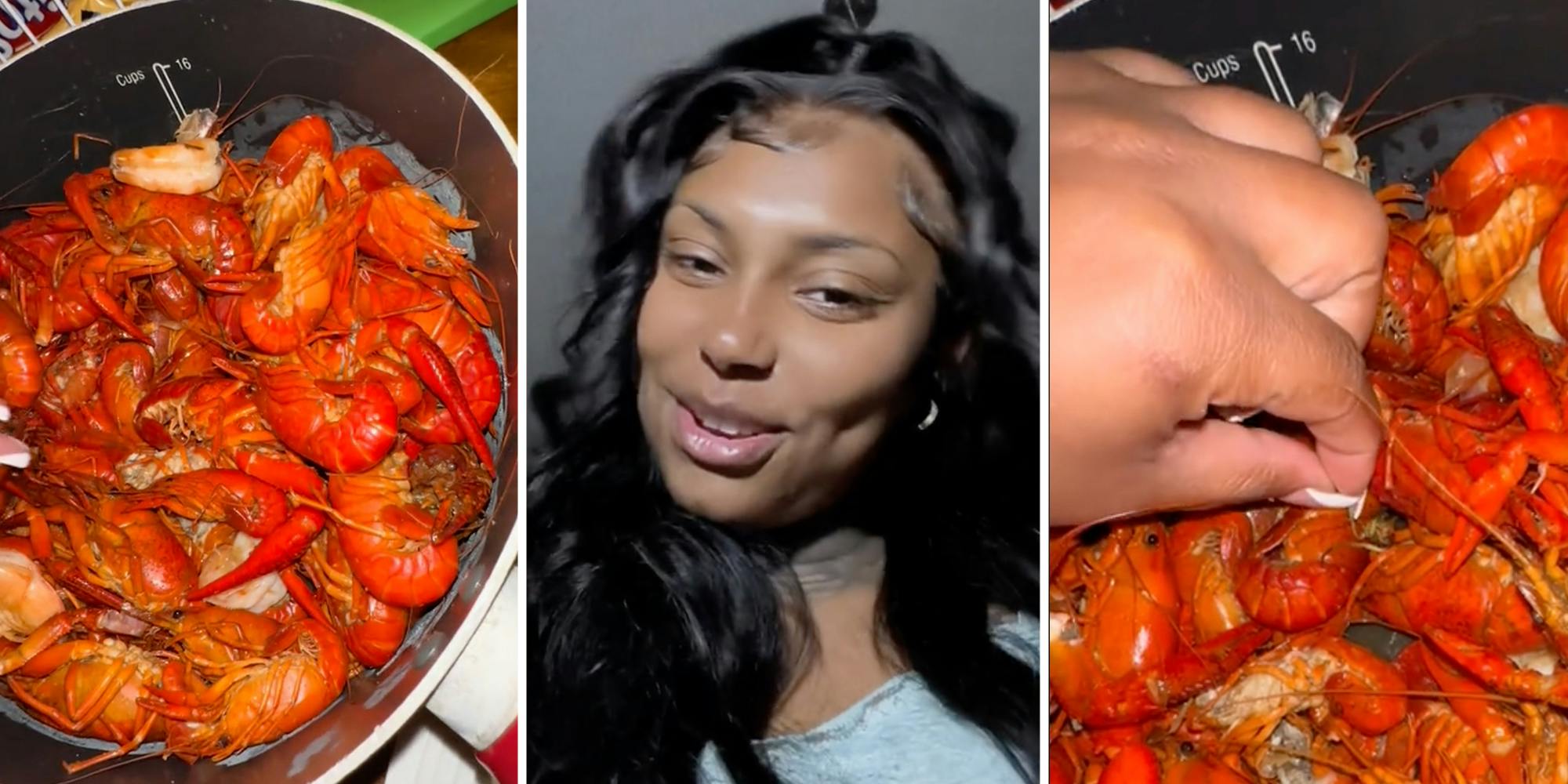 Crawfish(l), Woman talking(c), Hand grabbing crawfish(r)