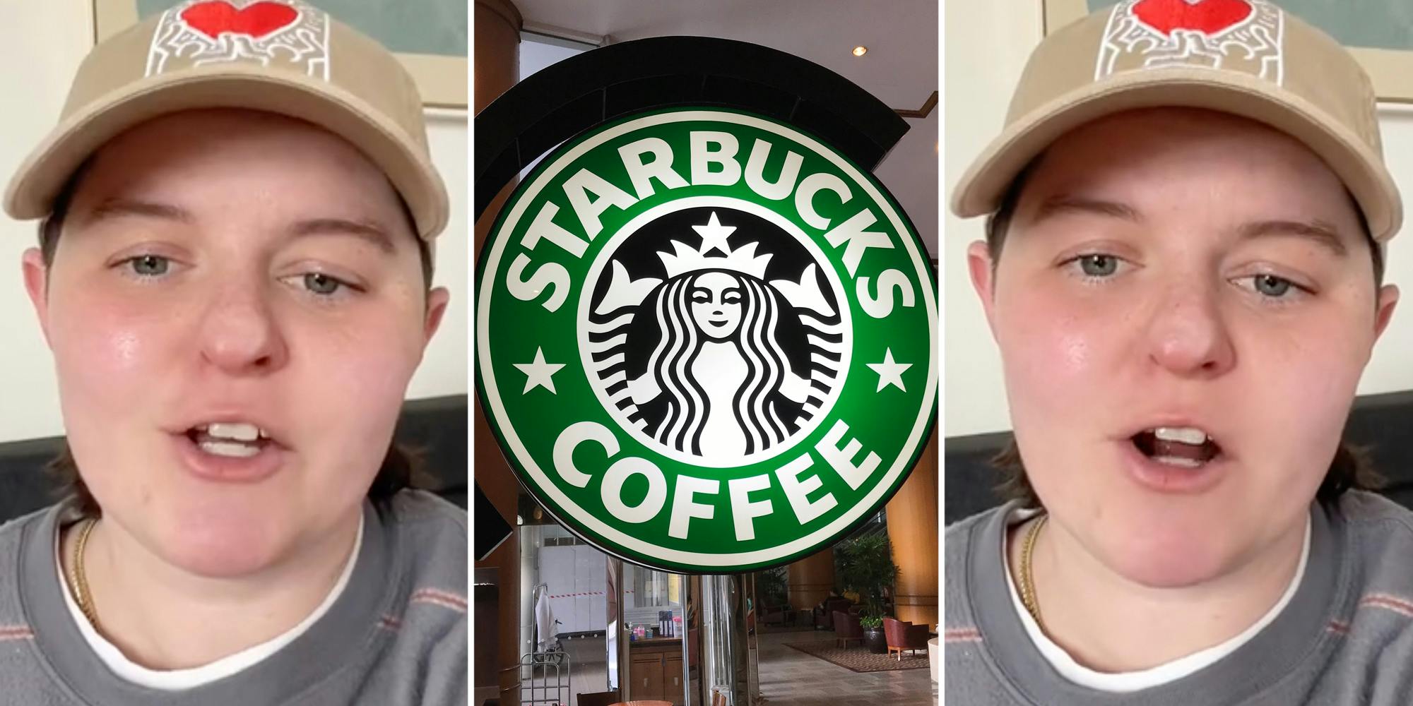 Person talking(l+r), Starbucks Coffee sign(c)