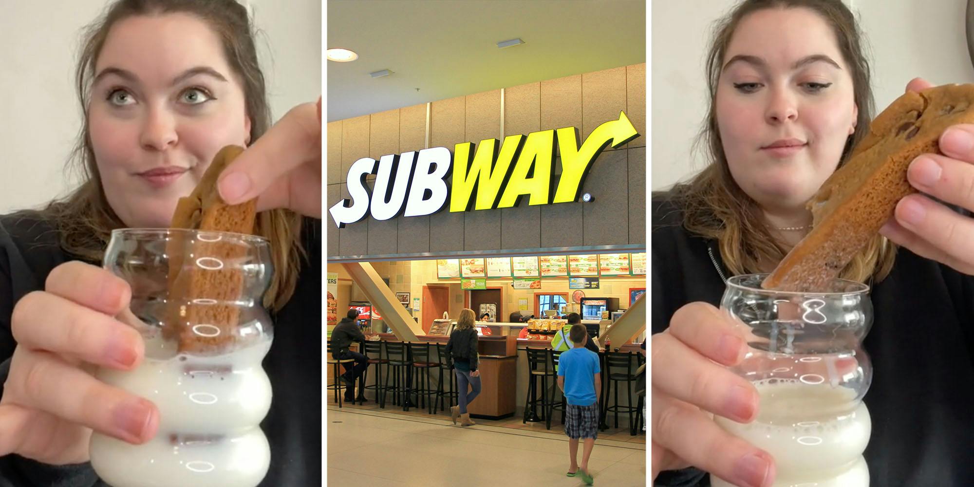 Woman dipping cookie in milk(l+r), Subway(C)