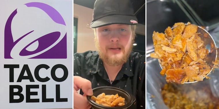 Taco Bell(l), man showing off bowl(c), Shredded chicken(r)