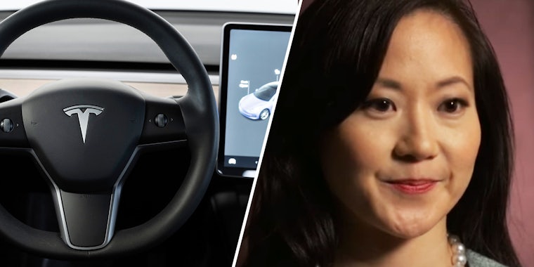 Tesla steering wheel and screen(l), Angela Chao(r) billionaire before she drown in her tesla