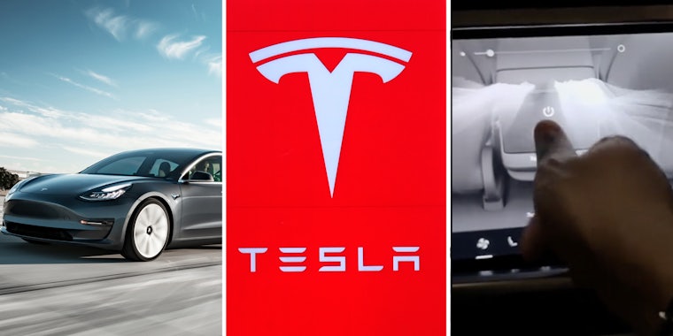 Tesla car(l), Tesla logo(c), Hand touching screen(r)