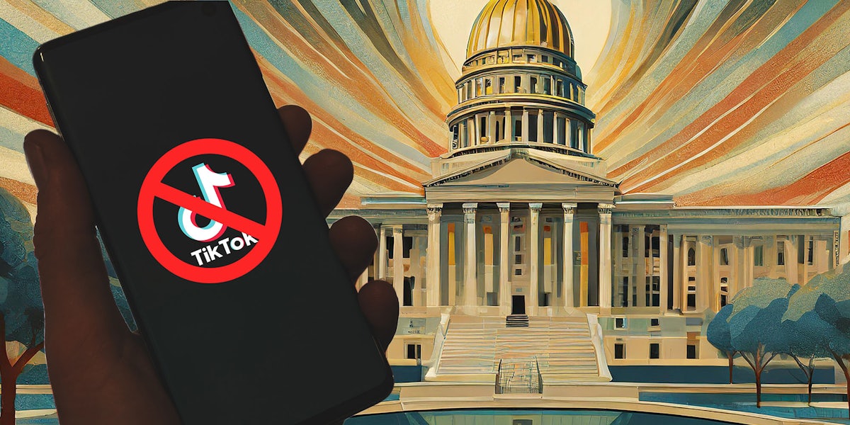 Hand holding phone with exed out tiktok logo in front of congress building illustration