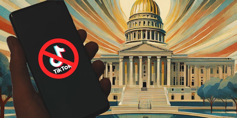 Hand holding phone with exed out tiktok logo in front of congress building illustration