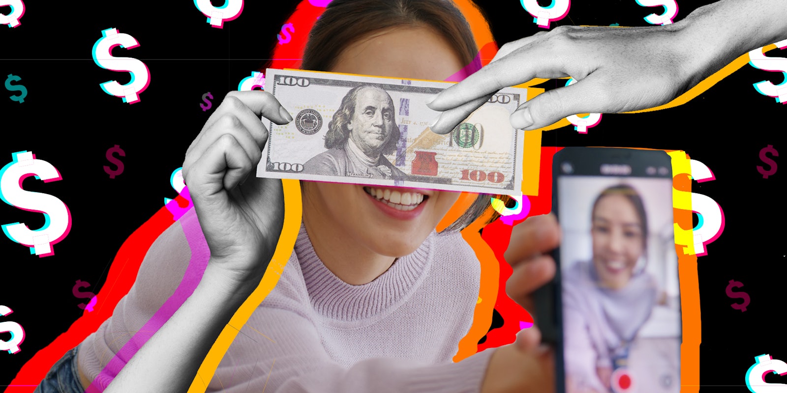 Hands passing $100 in front of girl recording on her phone with tiktok creator rewards program