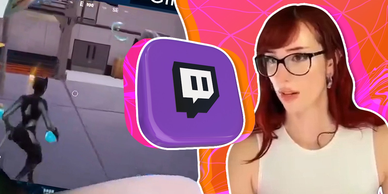 morgpie next to her butt with a green screen showing her playing fortnite and a twitch logo