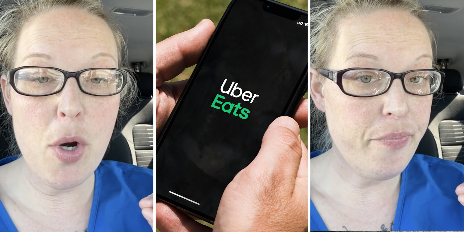 Woman talking(l+r), Hands holding phone with uber eats app open