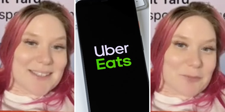 Woman talking(l+r), Uber Eats app on phone(c)