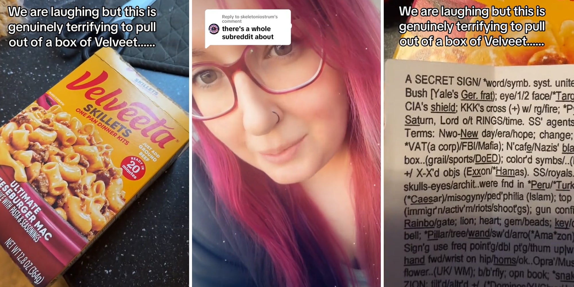 Woman finds suspicious note inside Velveeta Skillets box.