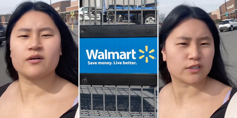 Woman talking(l+r), Walmart cart(c)