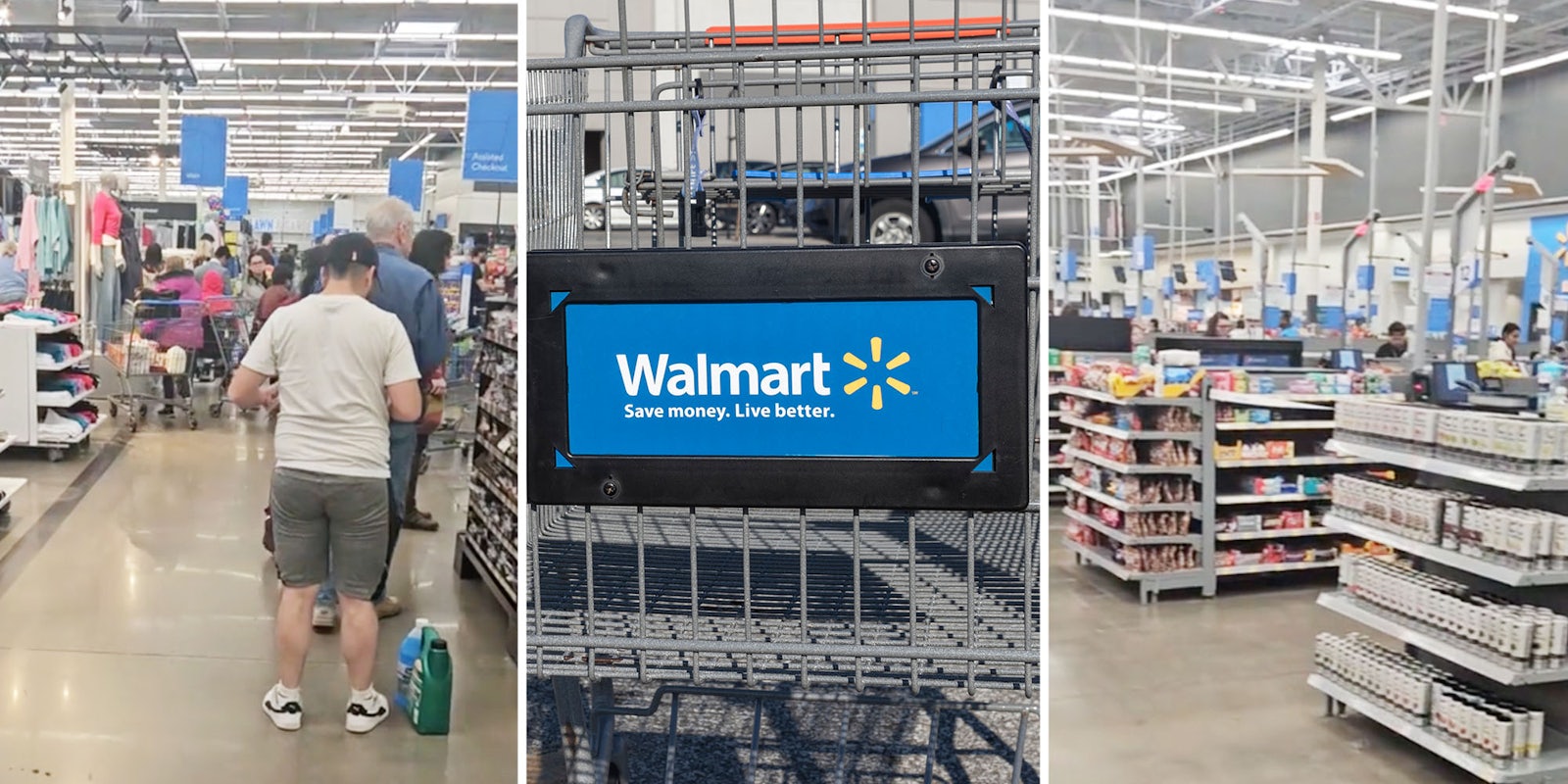People waiting in line(l), Walmart cart(c), Closed self checkout(r)