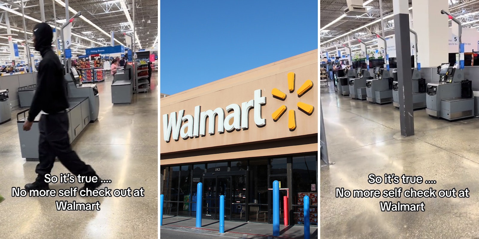Walmart customer shows no more self-checkout section as security guards patrol abandoned stations