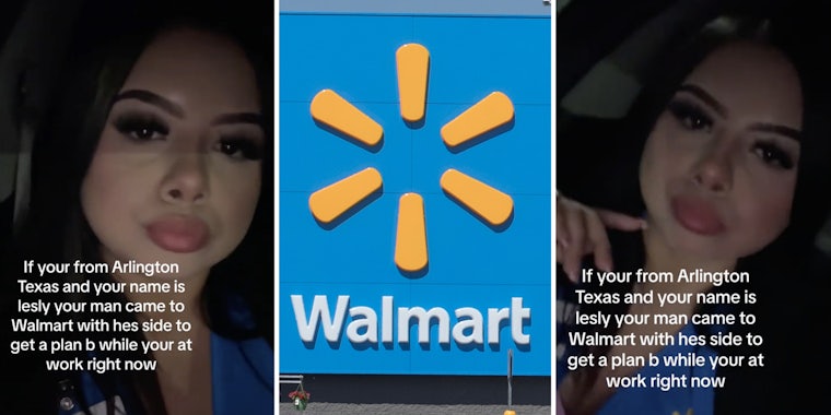 Woman looking at camera(l+r), Walmart(c)