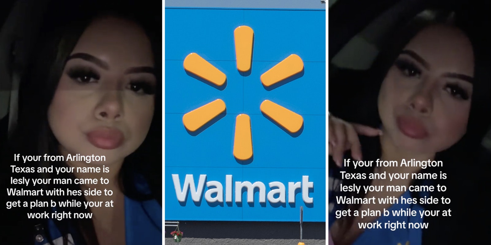 Woman looking at camera(l+r), Walmart(c)