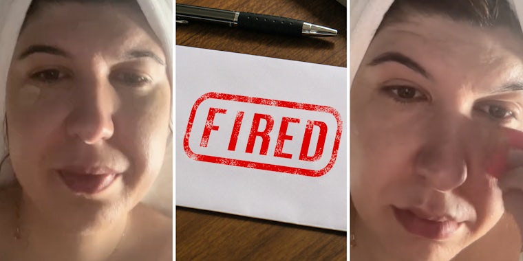 Woman putting makeup one(l+r), Envelope that says fired(c)