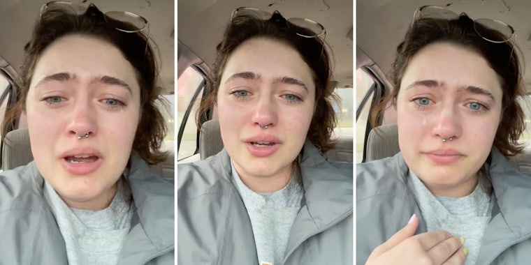 Woman talking and crying three split