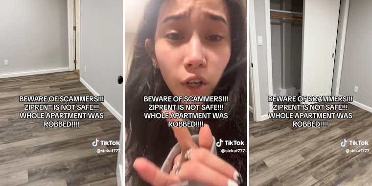 young woman in empty apartment with caption 'BEWARE OF SCAMMERS!!! ZIPRENT IS NOT SAFE!!! WHOLE APARTMENT WAS ROBBED!!!!'