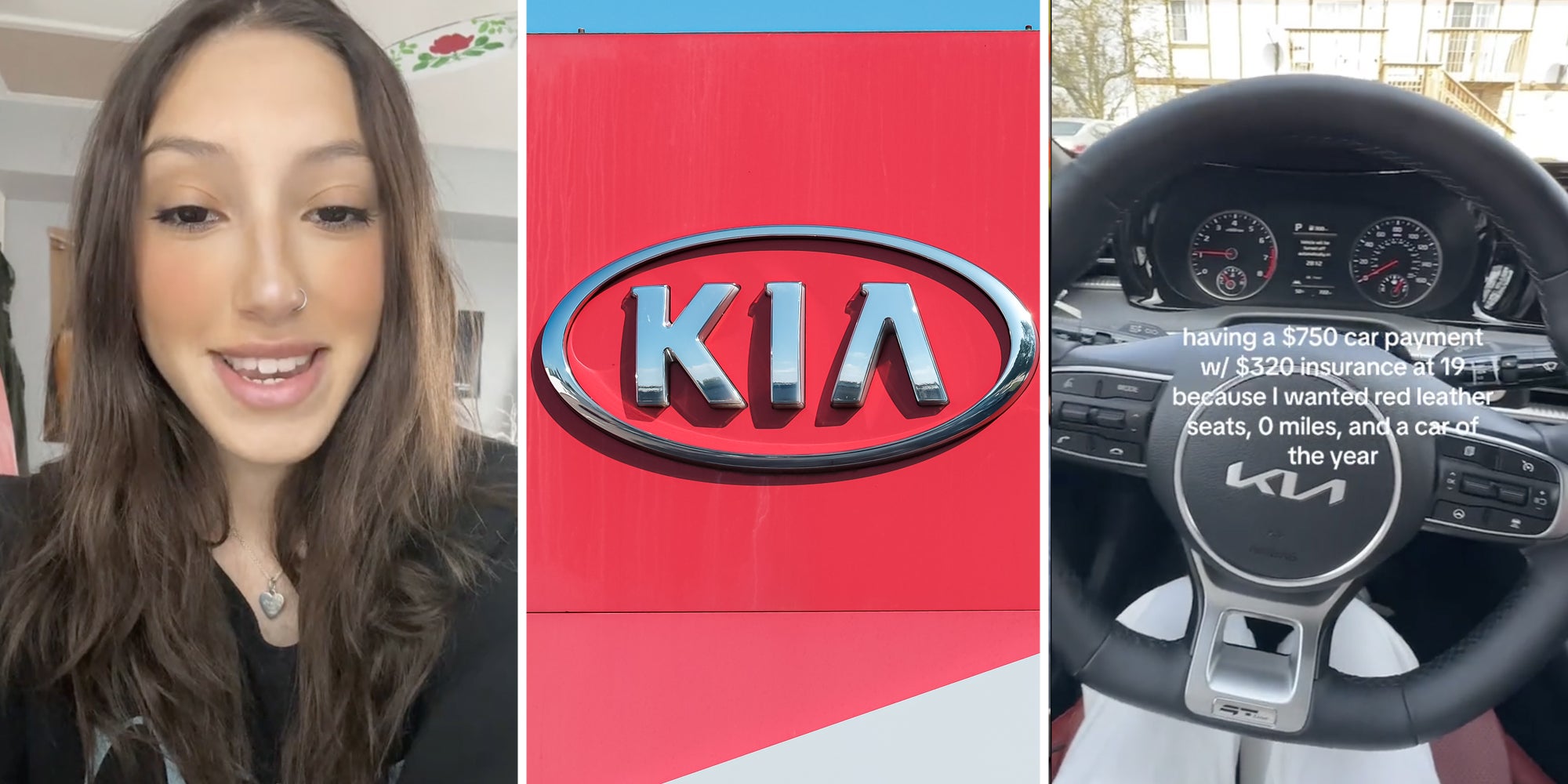 Woman talking(l), KIA sign(c), Car wheel(r)
