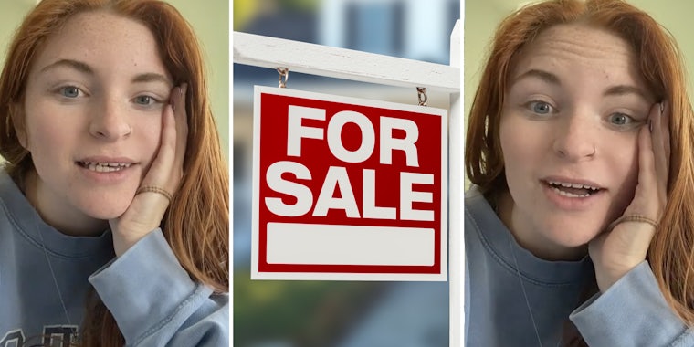 Woman talking(l+r), For sale sign(c)