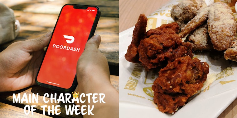 A phone with the DoorDash logo and numerous wings. There is text in a Daily Dot newsletter web_crawlr font that says 'Main Character of the Week'