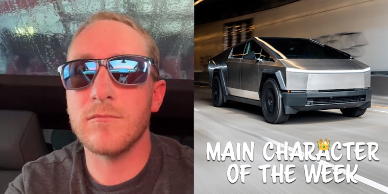 A person in sunglasses looking at the camera next to a Cybertruck. There is text that says 'Main Character of the Week' in a Daily Dot newsletter web_crawlr font in the bottom right corner.
