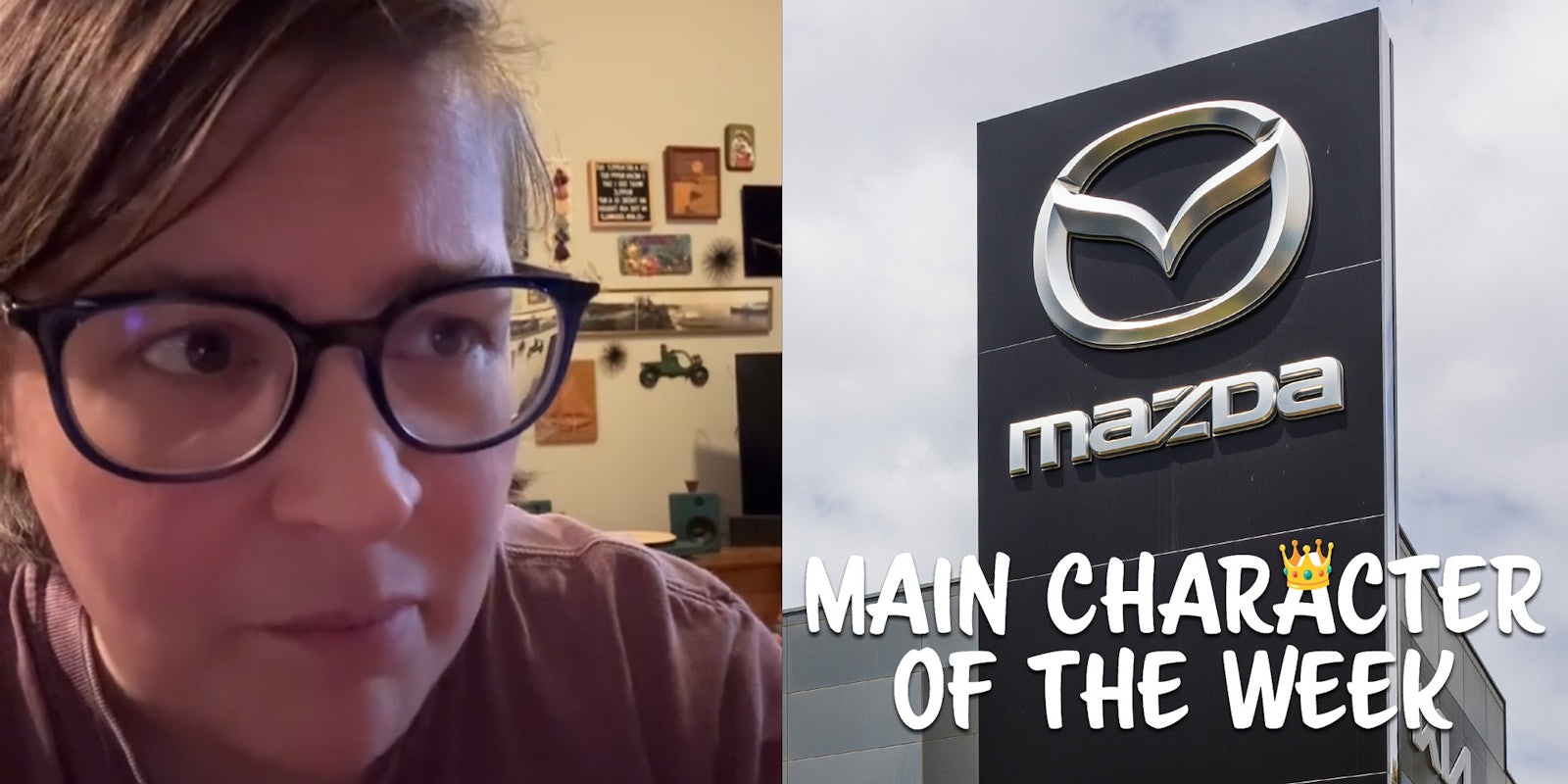 A person looking at the camera next to a sign that says Mazda. There is text in a Daily Dot newsletter web_crawlr front that says Main Character of the Week in the lower right corner.