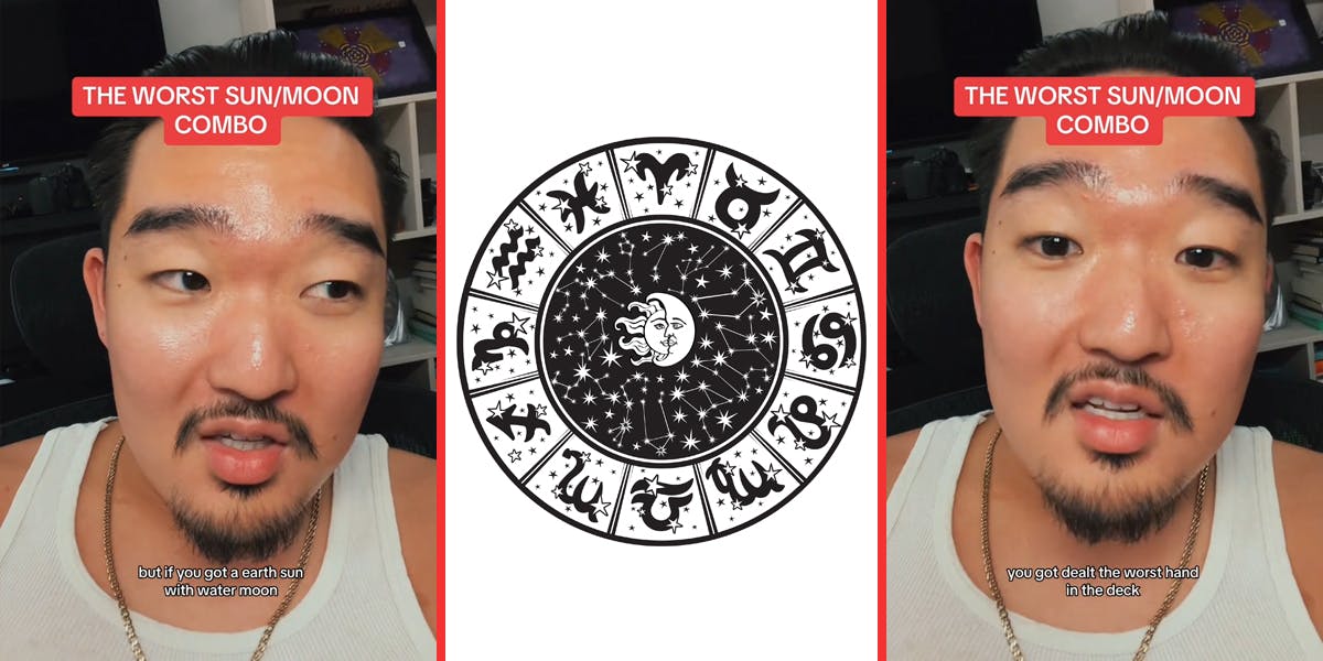 man speaking with caption "THE WORST SUN/MOON COMBO but if you got a earth sun with a water moon" (l) Zodiac sun and moon with signs in circle (c) man speaking with caption "THE WORST SUN/MOON COMBO you got the worst hand in the deck" (r)