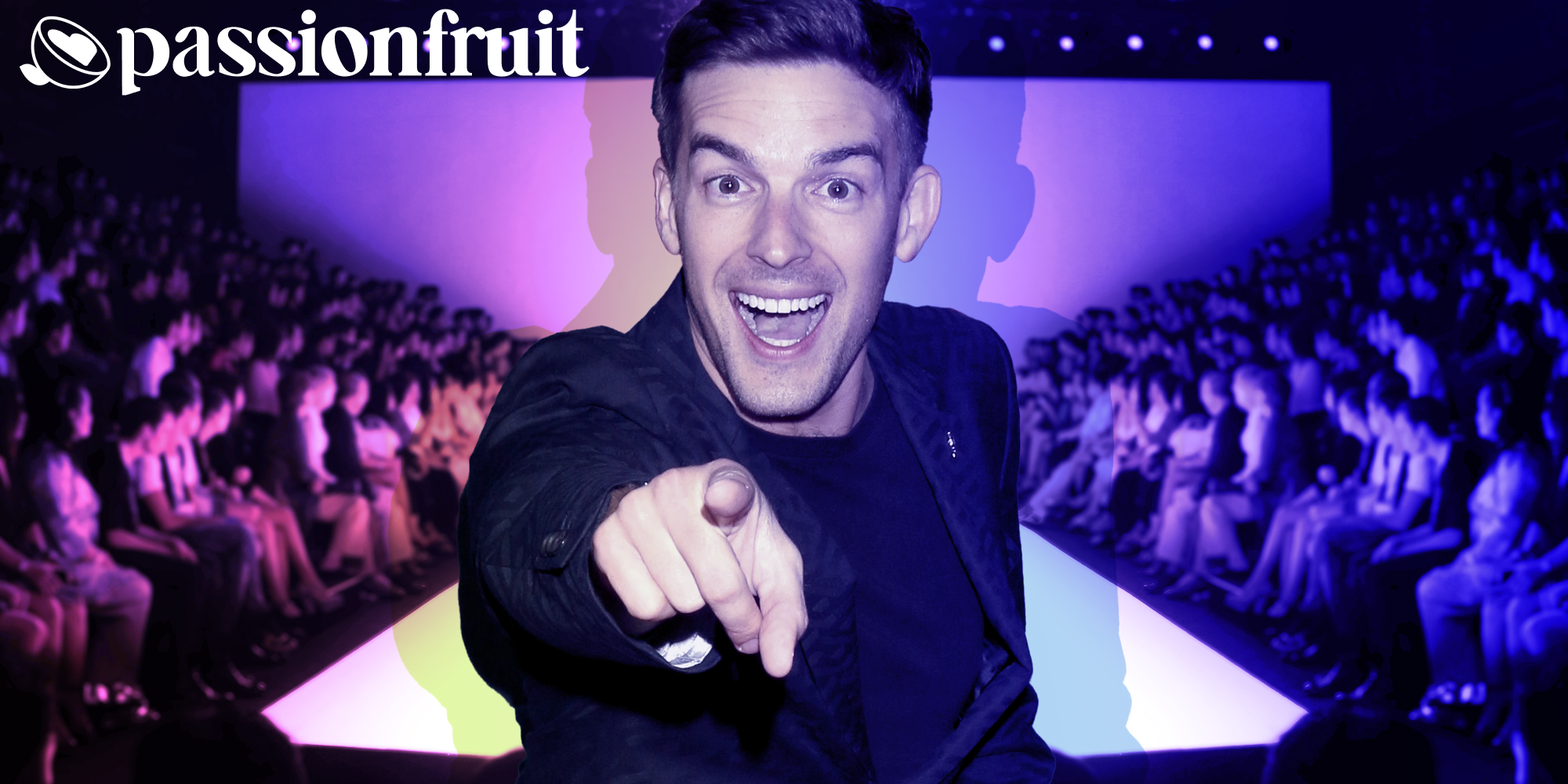youtuber matpat of the style theorists on fashion runway with a passionfruit logo