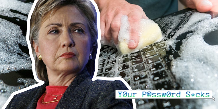 How to 'Bleach' Your Hard Drive Like Hillary Clinton. In the bottom right corner is a Your Password Sucks logo in a Daily Dot newsletter web_crawlr font.