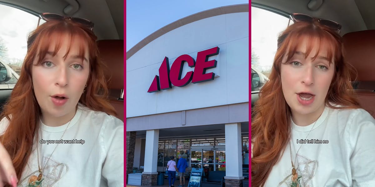 woman speaking in car with caption "do you want help" (l) Ace store with sign (c) woman speaking in car with caption " (r)