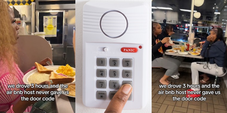 young women in Waffle House with caption 'we drove 3 hours and the air bnb host never gave us the door code' (l&r) door lock key code panel (c)