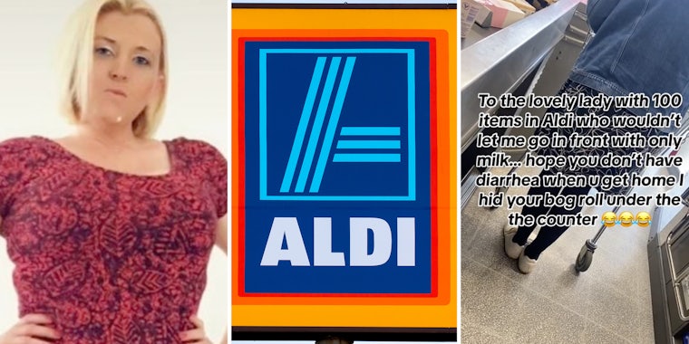 Woman posing(l), Aldi(c), Behind someone on check out line(r)