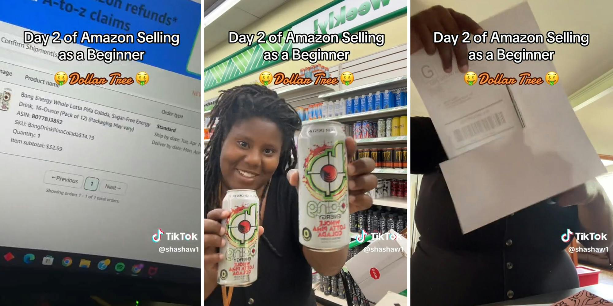 amazon reseller page (l) woman holding cans of energy drink in store (c) woman cutting shipping label (r)
